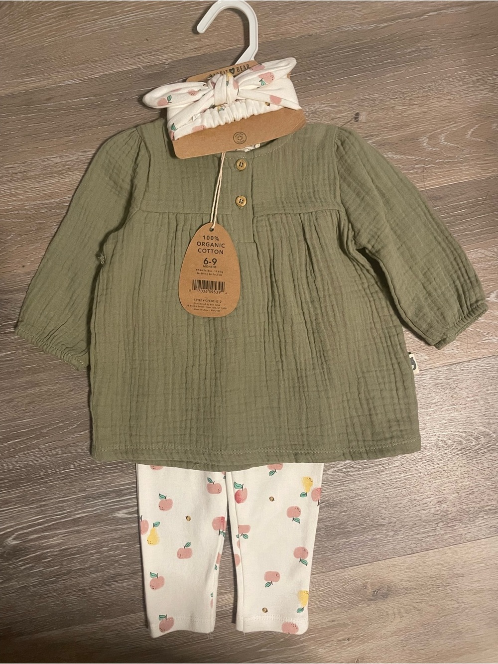 Organic Cotton Olive Green Baby Dress with Fruit Print Leggings & Headband